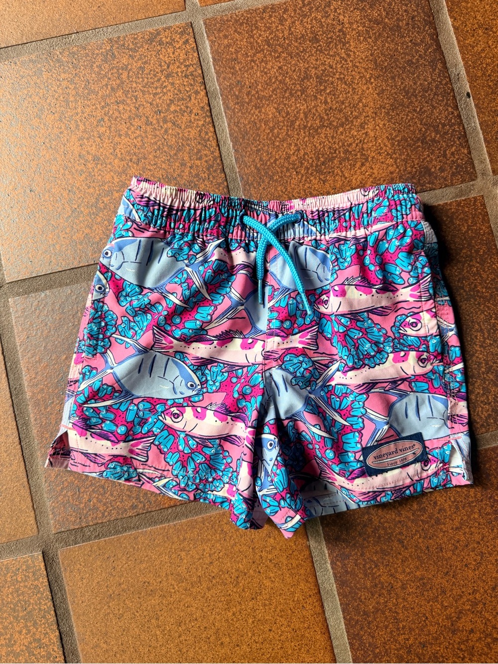 Vineyard Vines Kids Pink, Blue & Teal Fish Print Swim Shorts